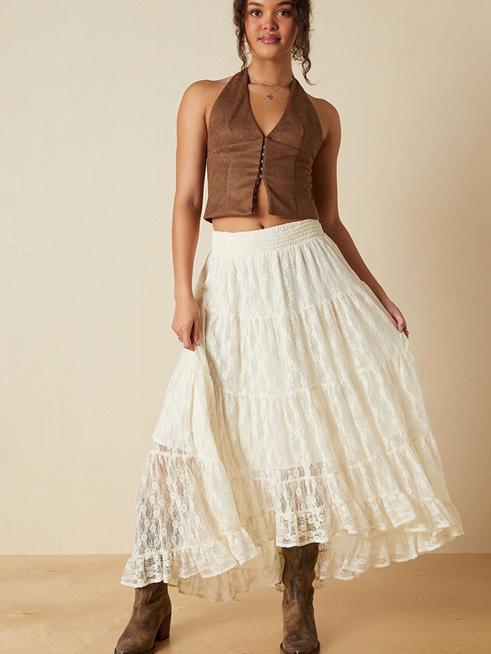 PacSun Cream Lace Tiered Maxi Skirt